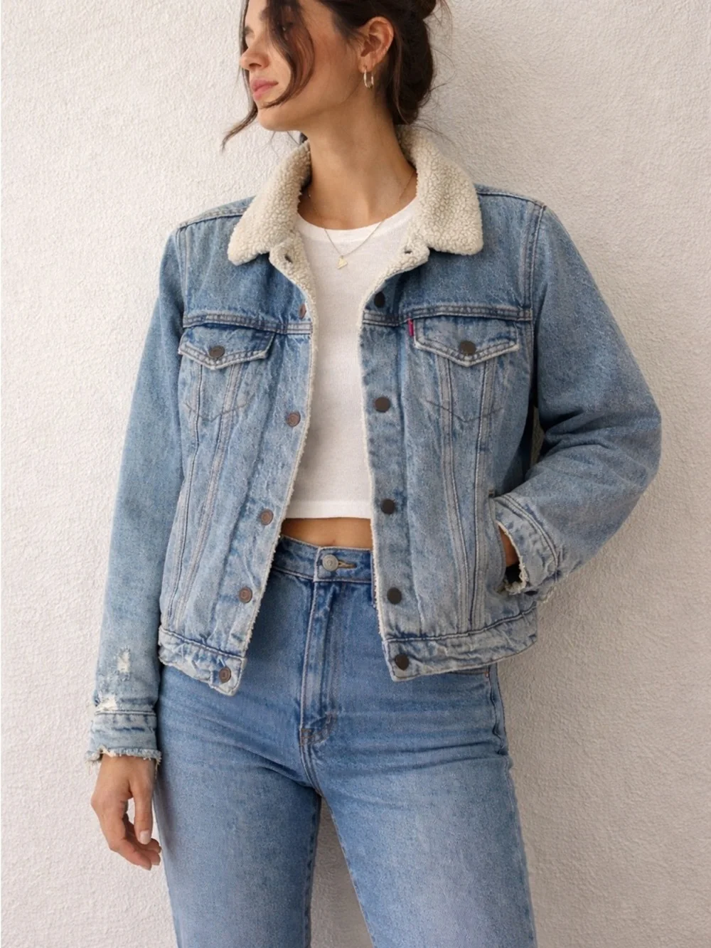 Levi’s Sherpa Lined Distressed Denim Trucker Jacket Light Wash S